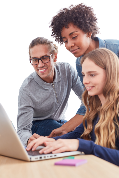 three adults looking at laptop computer screen