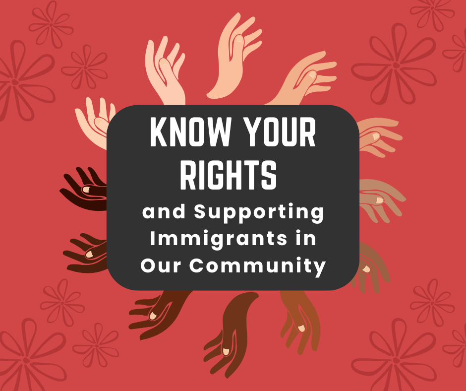 Illustrated hands of various skin tones surrounding a black rectangle on a red floral background.